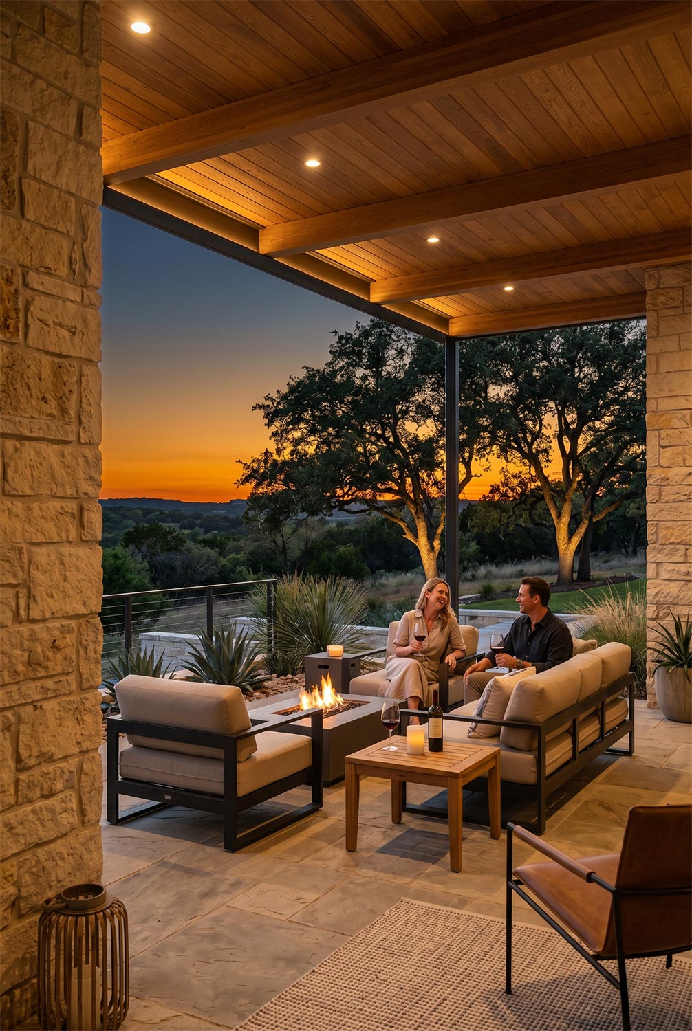 Couple relaxing on patio furniture by a fire pit at sunset